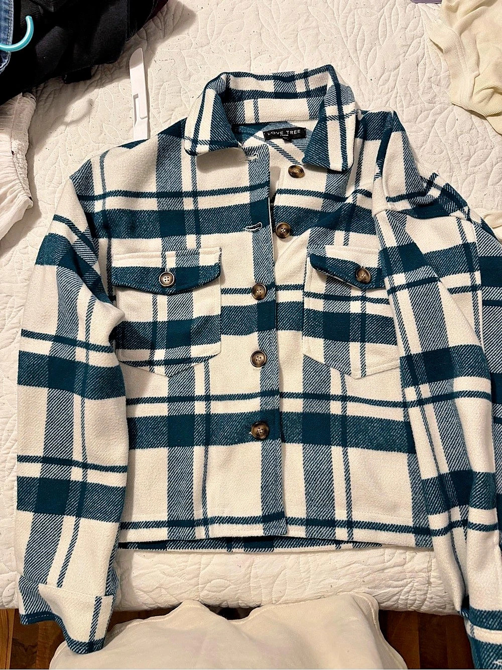 Love Tree Plaid Shacket Blue & Cream Size Large